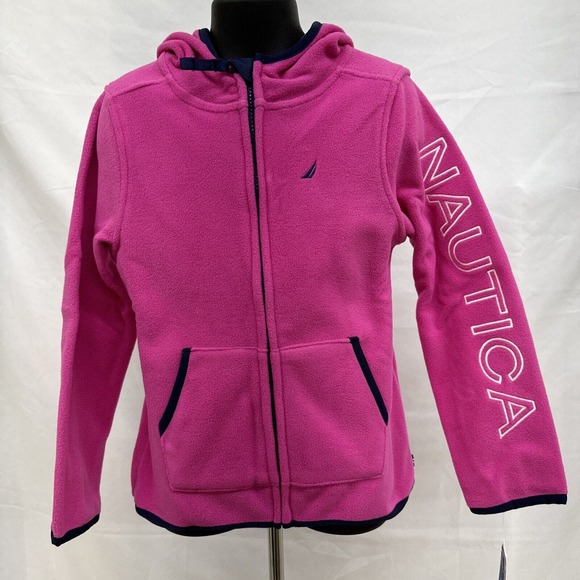 NWT Nautica Girls Zip Fleece Hooded Logo Jacket Pink with Navy Size 6 - Picture 1 of 6